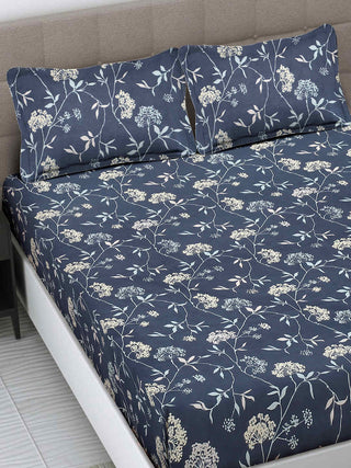 FABINALIV Blue Floral 300 TC Cotton Blend King Size Fitted Double Bedsheet with 2 Pillow Covers (250X225 cm)