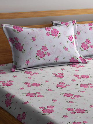 White Floral 300 TC Cotton Blend King Size Fitted Double Bedsheet with 2 Pillow Covers (250X225 cm)