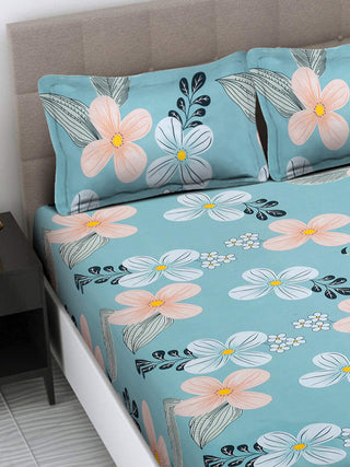 FABINALIV Multicolor Floral 300 TC Cotton Blend King Size Fitted Double Bedsheet with 2 Pillow Covers (250X225 cm)