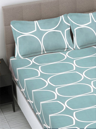 FABINALIV Teal Geometric 300 TC Cotton Blend King Size Fitted Double Bedsheet with 2 Pillow Covers (250X225 cm)
