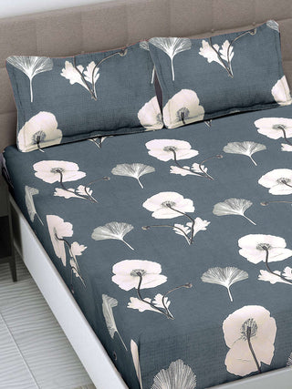 FABINALIV Grey Floral 300 TC Cotton Blend King Size Fitted Double Bedsheet with 2 Pillow Covers (250X225 cm)