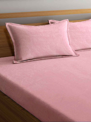 FABINALIV Baby Pink Solid 300 TC Woollen King Size Fitted Double Bedsheet with 2 Pillow Covers (250X225 cm)