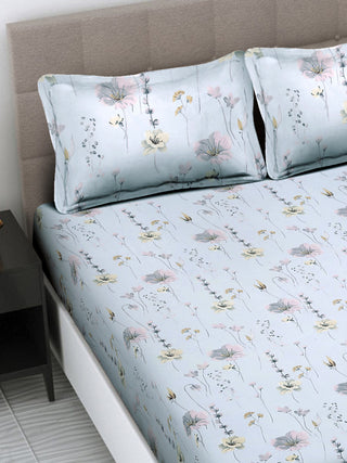 FABINALIV Blue Floral 300 TC Cotton Blend Super King Size Double Bedsheet with 2 Pillow Covers (270X270 cm)