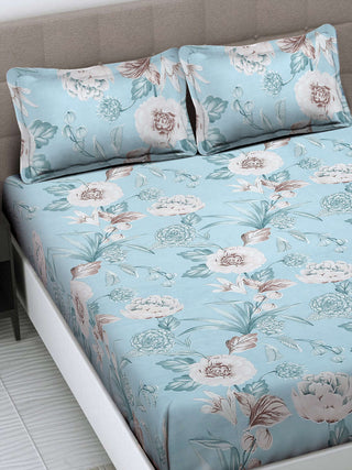 FABINALIV Blue Floral 300 TC Cotton Blend King Size Double Bedsheet with 2 Pillow Covers (250X225 cm)