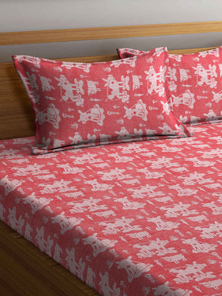 FABINALIV Red Cartoon Design 350 TC 100% Cotton Handwoven King Size Double Bedsheet with 2 Pillow Covers (250X225 cm)