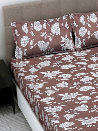 FABINALIV Brown Floral 300 TC Cotton Blend King Size Fitted Double Bedsheet with 2 Pillow Covers (250X225 cm)