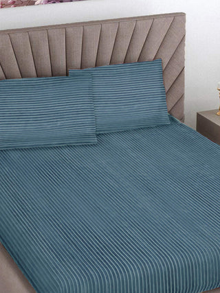 FABINALIV Sky Blue Striped 300 TC Woollen King Size Double Bedsheet with 2 Pillow Covers (250X225 cm)