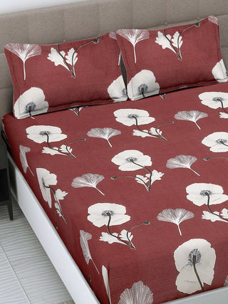 FABINALIV Maroon Floral 300 TC Cotton Blend King Size Fitted Double Bedsheet with 2 Pillow Covers (250X225 cm)