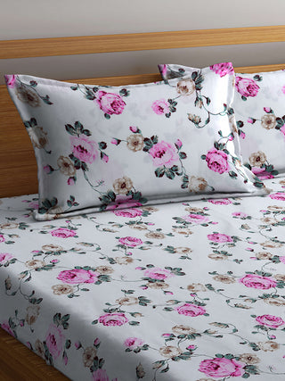 Multicolor Floral 300 TC Cotton Blend King Size Fitted Double Bedsheet with 2 Pillow Covers (250X225 cm)