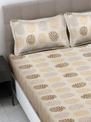 FABINALIV Beige Floral 300 TC Cotton Blend King Size Double Bedsheet with 2 Pillow Covers (250X225 cm)