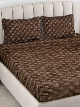 FABINALIV Brown Geometric 300 TC Woollen Embossed King Size Double Bedsheet with 2 Pillow Covers (250X225 cm)