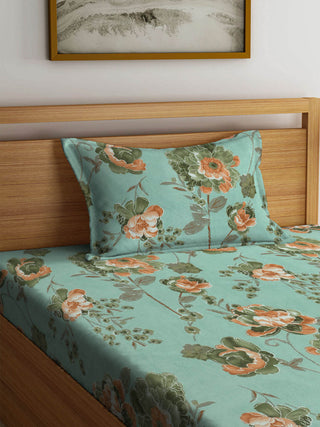 FABINALIV Multicolor Floral 300 TC Cotton Blend Single Bedsheet with Pillow Cover (225X150 cm)