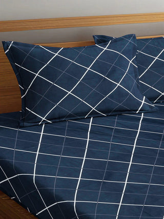 FABINALIV Blue Geometric 300 TC Cotton Blend King Size Fitted Double Bedsheet with 2 Pillow Covers (250X225 cm)