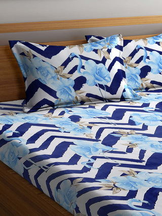 FABINALIV Blue Floral 300 TC Cotton Blend King Size Double Bedsheet with 2 Pillow Covers (250X225 cm)