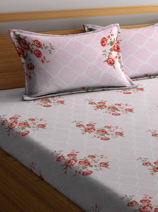 FABINALIV Pink Floral 300 TC Pure Cotton Super King Size Double Bedsheet with 2 Pillow Covers (270X270 cm)