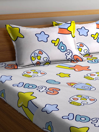 FABINALIV White Cartoon Print 300 TC Cotton Blend King Size Double Bedsheet with 2 Pillow Covers (250X225 cm)
