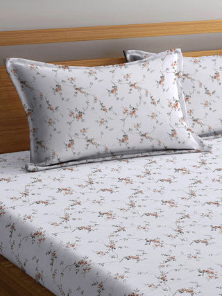 FABINALIV Off White Floral 300 TC Pure Cotton Super King Size Double Bedsheet with 2 Pillow Covers (270X270 cm)