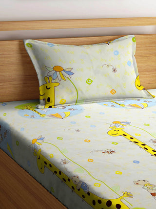 FABINALIV Multicolor Cartoon Print 300 TC Cotton Blend Single Bedsheet with Pillow Cover (225X150 cm)