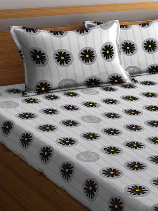 FABINALIV Grey Floral 300 TC Cotton Blend Super King Size Double Bedsheet with 2 Pillow Covers (270X270 cm)