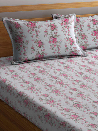 FABINALIV Off White Floral 300 TC Pure Cotton Super King Size Double Bedsheet with 2 Pillow Covers (270X270 cm)
