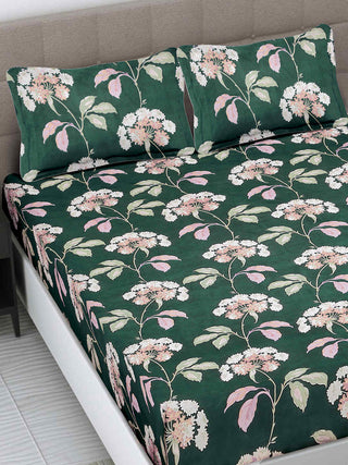 FABINALIV Green Floral 300 TC Cotton Blend King Size Double Bedsheet with 2 Pillow Covers (250X225 cm)
