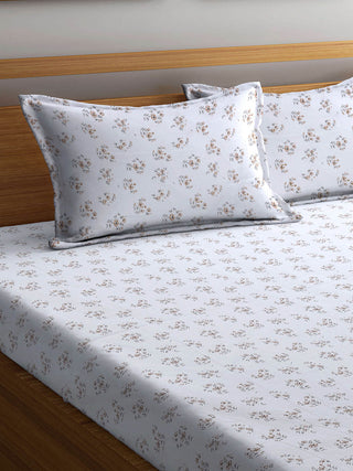 FABINALIV Off White Floral 300 TC Pure Cotton King Size Double Bedsheet with 2 Pillow Covers (250X225 cm)