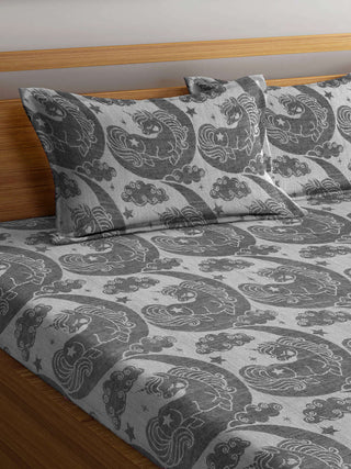 FABINALIV Grey Cartoon Design 350 TC 100% Cotton Handwoven King Size Double Bedsheet with 2 Pillow Covers (250X225 cm)