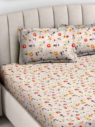 FABINALIV Peach Floral 300 TC Cotton Blend King Size Fitted Double Bedsheet with 2 Pillow Covers (250X225 cm)