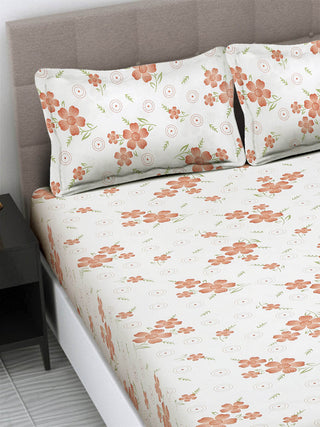FABINALIV White Floral 300 TC Cotton Blend King Size Double Bedsheet with 2 Pillow Covers (250X225 cm)