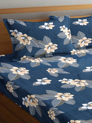 FABINALIV Blue Floral 300 TC Cotton Blend King Size Fitted Double Bedsheet with 2 Pillow Covers (250X225 cm)