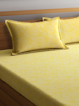 FABINALIV Yellow Floral 100% Cotton Handwoven King Size Double Bedsheet with 2 Pillow Covers (250X225 cm)