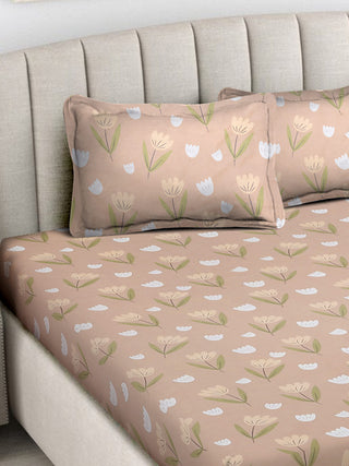 FABINALIV Brown Floral 300 TC Cotton Blend King Size Double Bedsheet with 2 Pillow Covers (250X225 cm)