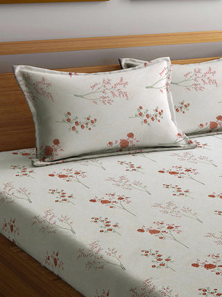 FABINALIV Off White Floral 300 TC Pure Cotton King Size Double Bedsheet with 2 Pillow Covers (250X225 cm)