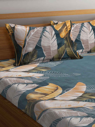 FABINALIV Grey Floral 300 TC Cotton Blend King Size Double Bedsheet with 2 Pillow Covers (250X225 cm)