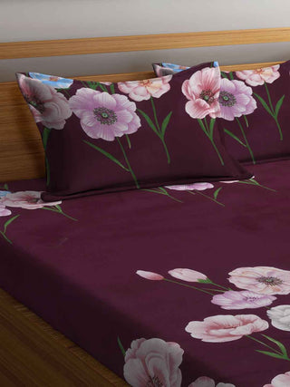 FABINALIV Maroon Floral 300 TC Cotton Blend King Size Double Bedsheet with 2 Pillow Covers (250X225 cm)