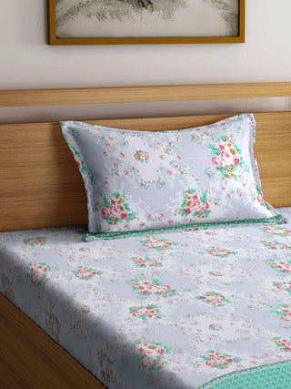 FABINALIV Multicolor Floral 300 TC Cotton Blend Single Bedsheet with Pillow Cover (225X150 cm)