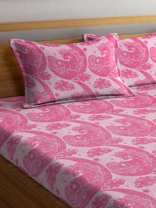 FABINALIV Pink Cartoon Design 350 TC 100% Cotton Handwoven King Size Double Bedsheet with 2 Pillow Covers (250X225 cm)