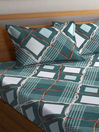 FABINALIV Green Geometric 300 TC Cotton Blend King Size Double Bedsheet with 2 Pillow Covers (250X225 cm)