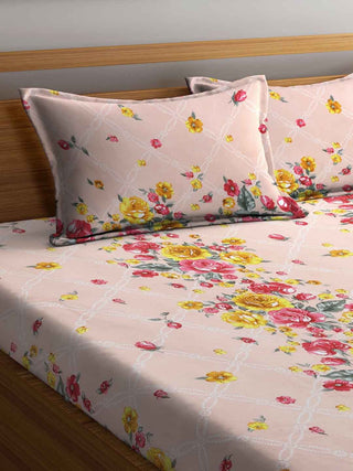 FABINALIV Peach Floral 300 TC Cotton Blend King Size Double Bedsheet with 2 Pillow Covers (250X225 cm)