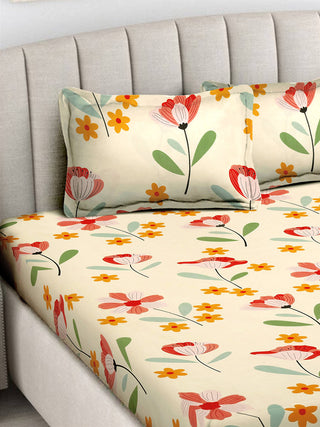 FABINALIV Multicolor Floral 300 TC Cotton Blend King Size Fitted Double Bedsheet with 2 Pillow Covers (250X225 cm)