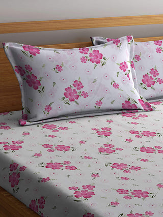 White Floral 300 TC Cotton Blend King Size Double Bedsheet with 2 Pillow Covers (250X225 cm)