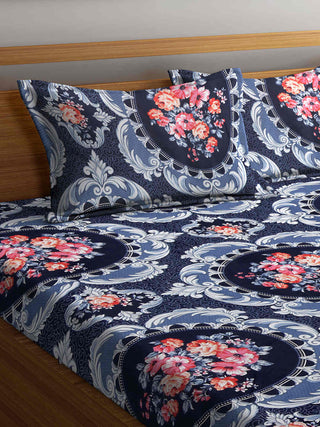 FABINALIV Blue Floral 300 TC Cotton Blend King Size Double Bedsheet with 2 Pillow Covers (250X225 cm)