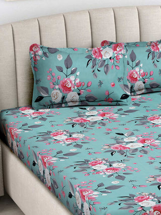 FABINALIV Turquoise Floral 300 TC Cotton Blend King Size Fitted Double Bedsheet with 2 Pillow Covers (250X225 cm)