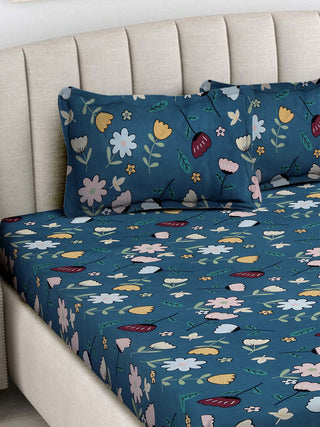 FABINALIV Blue Floral 300 TC Cotton Blend King Size Fitted Double Bedsheet with 2 Pillow Covers (250X225 cm)