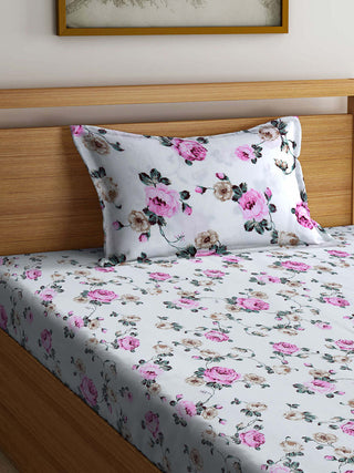 FABINALIV Multicolor Floral 300 TC Cotton Blend Single Bedsheet with Pillow Cover (225X150 cm)