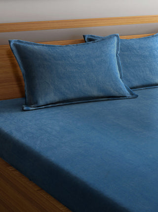 FABINALIV Ice Blue Solid 300 TC Woollen King Size Double Bedsheet with 2 Pillow Covers (250X225 cm)