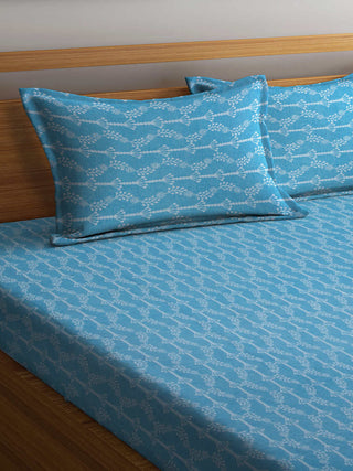 FABINALIV Blue Floral 100% Cotton Handwoven King Size Double Bedsheet with 2 Pillow Covers (250X225 cm)