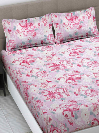 FABINALIV Pink Floral 300 TC Cotton Blend King Size Fitted Double Bedsheet with 2 Pillow Covers (250X225 cm)