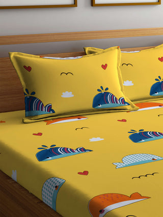 Fabinaliv Multicolor Cartoon Print 300 TC Cotton Blend King Size Fitted Double Bedsheet with 2 Pillow Covers (250X225 cm)