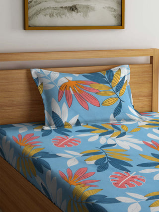 FABINALIV Multicolor Floral 300 TC Cotton Blend Single Bedsheet with Pillow Cover (225X150 cm)